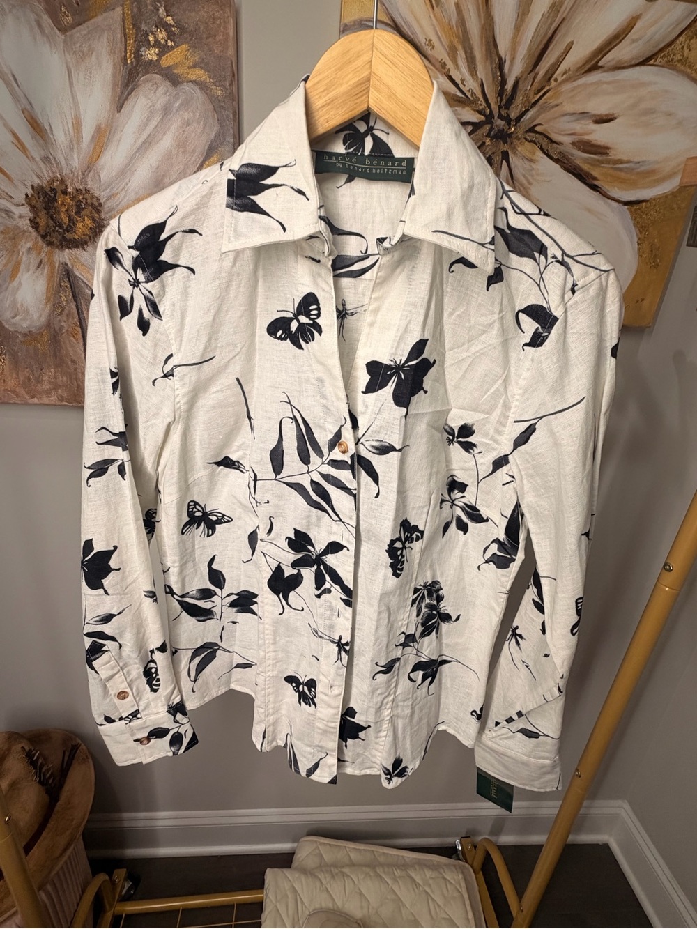 Harve Benard Cream Button-Down Shirt with Black Floral & Butterfly Print